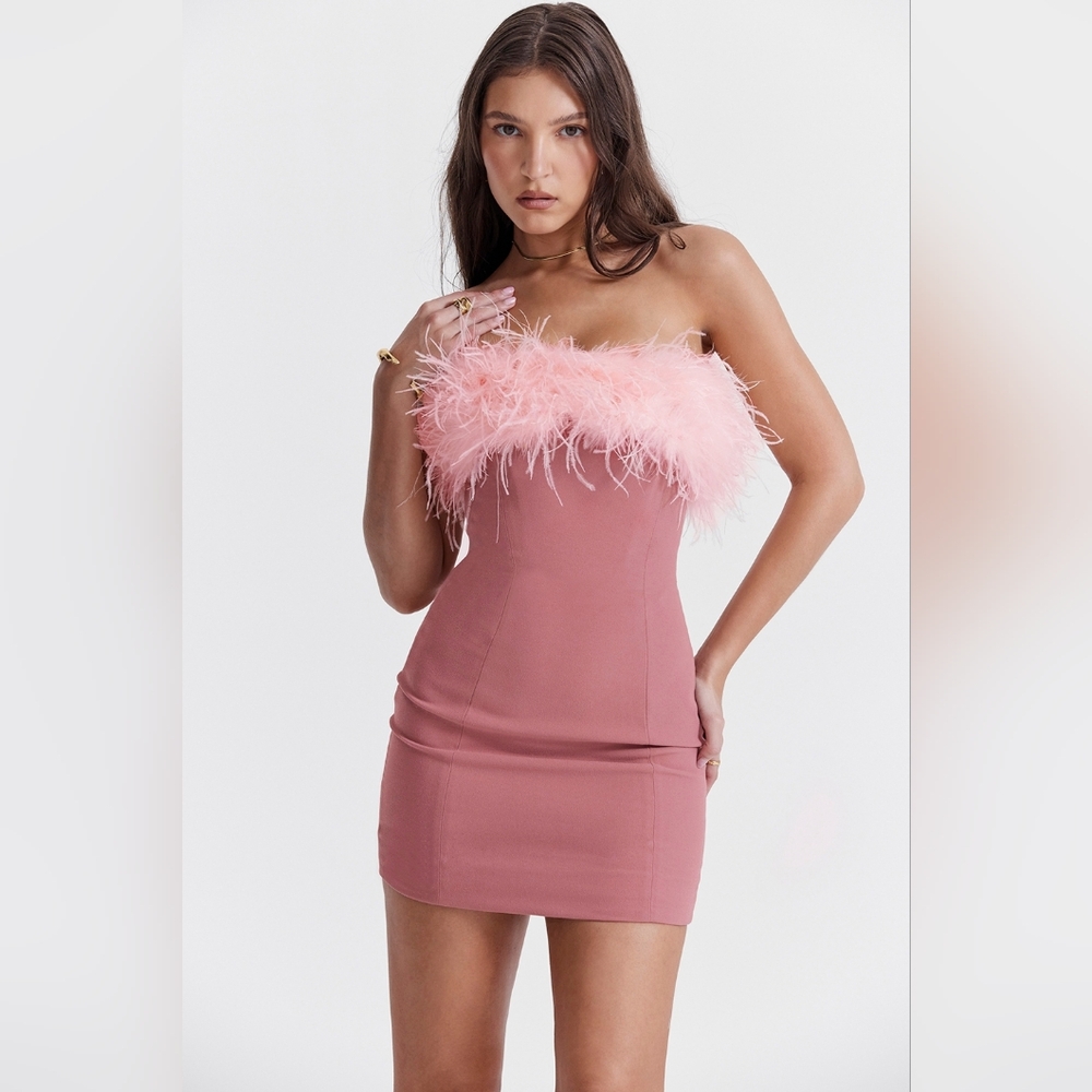 House of CB Rose Pink Feather-Trim Strapless Mini Dress